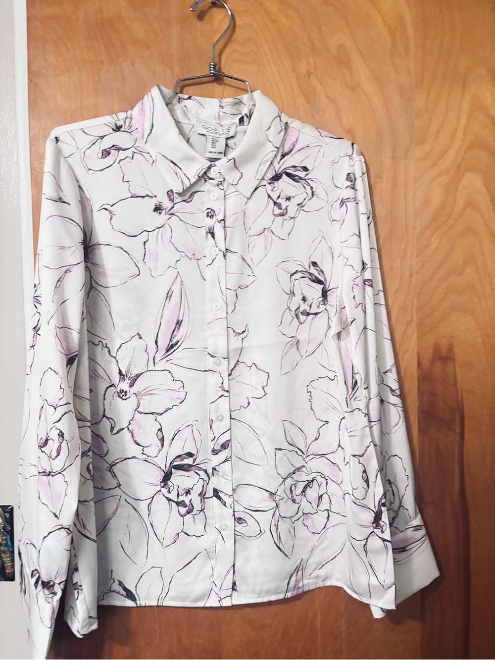 Rachel Zoe White Button-Down Blouse with Pink Floral Sketch